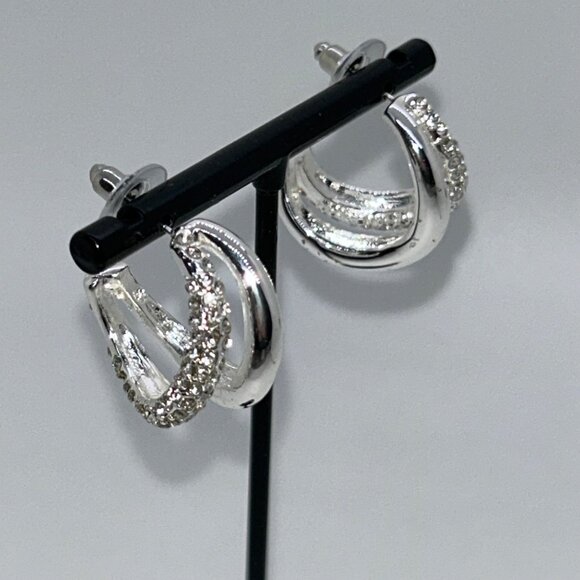 Gloria Vanderbilt Post Hoop Earrings Silver-Tone Rhinestone Classic Style - Picture 8 of 8